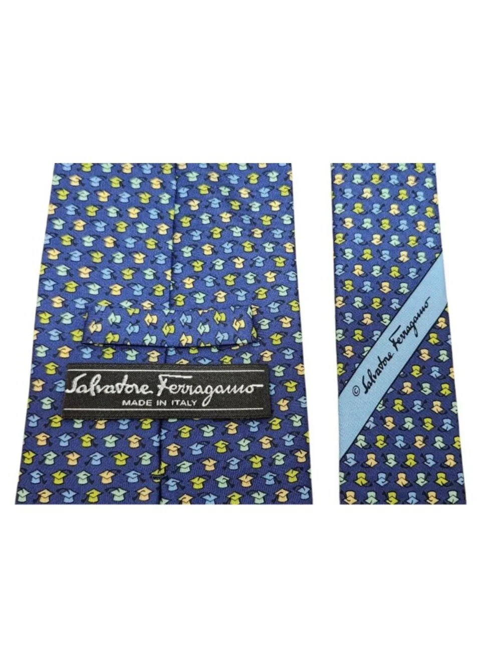 Salvatore Ferragamo Blue Micro Print Silk Tie Made in Italy Luxury Designer Mens